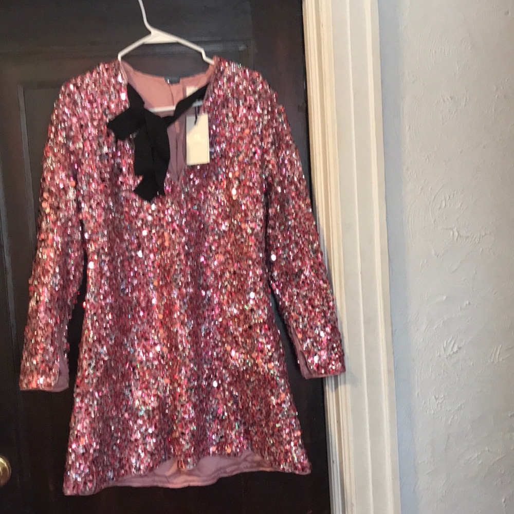 New with tags, pink and silver sequined mini dress.